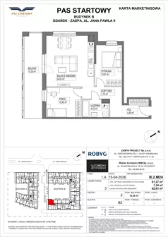 3 pokoje, mieszkanie 61,27 m², piętro 2, oferta nr B.2M24, Pas Startowy, Gdańsk, Zaspa, Zaspa-Młyniec, al. Jana Pawła II