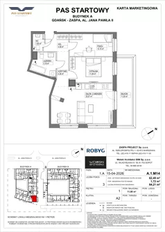 3 pokoje, mieszkanie 62,49 m², piętro 1, oferta nr A.1M14, Pas Startowy, Gdańsk, Zaspa, Zaspa-Młyniec, al. Jana Pawła II