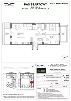 3 pokoje, mieszkanie 67,78 m², piętro 1, oferta nr B.1M17, Pas Startowy, Gdańsk, Zaspa, Zaspa-Młyniec, al. Jana Pawła II