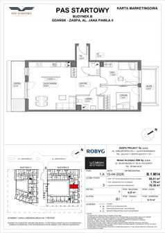 3 pokoje, mieszkanie 68,51 m², piętro 1, oferta nr B.1M14, Pas Startowy, Gdańsk, Zaspa, Zaspa-Młyniec, al. Jana Pawła II