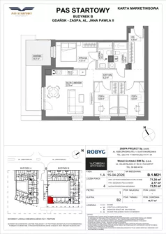 4 pokoje, mieszkanie 71,34 m², piętro 1, oferta nr B.1M21, Pas Startowy, Gdańsk, Zaspa, Zaspa-Młyniec, al. Jana Pawła II