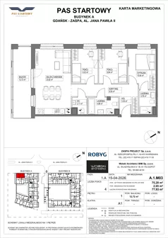 4 pokoje, mieszkanie 75,28 m², piętro 1, oferta nr A.1M03, Pas Startowy, Gdańsk, Zaspa, Zaspa-Młyniec, al. Jana Pawła II