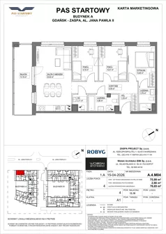 4 pokoje, mieszkanie 75,99 m², piętro 4, oferta nr A.4M04, Pas Startowy, Gdańsk, Zaspa, Zaspa-Młyniec, al. Jana Pawła II