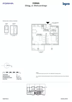 2 pokoje, mieszkanie 39,41 m², piętro 1, oferta nr B.1.2.1, FORMA - II etap, Elbląg, Zatorze, ul. Malborska