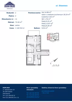 4 pokoje, mieszkanie 72,44 m², piętro 2, oferta nr 1/2-11, ul. Stawowa, Kraków, Prądnik Biały, Bronowice Wielkie, ul. Stawowa 242