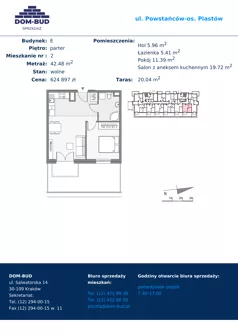 2 pokoje, mieszkanie 42,48 m², parter, oferta nr 2, ul. Powstańców / os. Piastów - Budynek E, Kraków, Mistrzejowice, Osiedle Piastów, ul. Powstańców / os. Piastów