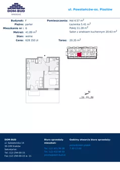 2 pokoje, mieszkanie 41,89 m², parter, oferta nr 6, ul. Powstańców / os. Piastów - Budynek F, Kraków, Mistrzejowice, Osiedle Piastów, ul. Powstańców / os. Piastów