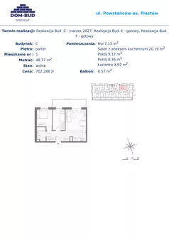 3 pokoje, mieszkanie 48,77 m², parter, oferta nr 1, ul. Powstańców / os. Piastów - Budynek C, Kraków, Mistrzejowice, Osiedle Piastów, ul. Powstańców / os. Piastów 75