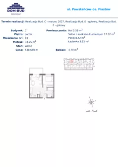 2 pokoje, mieszkanie 33,25 m², parter, oferta nr 10, ul. Powstańców / os. Piastów - Budynek C, Kraków, Mistrzejowice, Osiedle Piastów, ul. Powstańców / os. Piastów 75