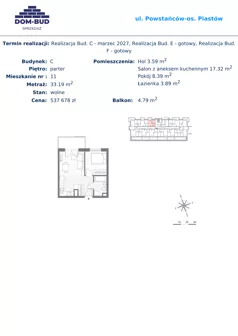 2 pokoje, mieszkanie 33,19 m², parter, oferta nr 11, ul. Powstańców / os. Piastów - Budynek C, Kraków, Mistrzejowice, Osiedle Piastów, ul. Powstańców / os. Piastów 75