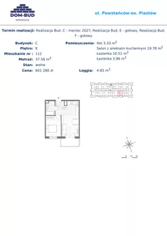 2 pokoje, mieszkanie 37,58 m², piętro 9, oferta nr 112, ul. Powstańców / os. Piastów - Budynek C, Kraków, Mistrzejowice, Osiedle Piastów, ul. Powstańców / os. Piastów 75