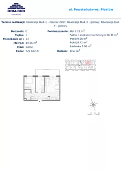 3 pokoje, mieszkanie 49,16 m², piętro 1, oferta nr 13, ul. Powstańców / os. Piastów - Budynek C, Kraków, Mistrzejowice, Osiedle Piastów, ul. Powstańców / os. Piastów 75