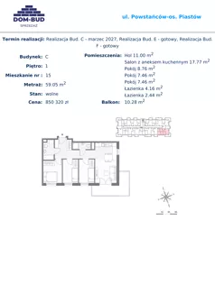 4 pokoje, mieszkanie 59,05 m², piętro 1, oferta nr 15, ul. Powstańców / os. Piastów - Budynek C, Kraków, Mistrzejowice, Osiedle Piastów, ul. Powstańców / os. Piastów 75
