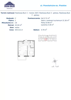 2 pokoje, mieszkanie 42,04 m², piętro 1, oferta nr 18, ul. Powstańców / os. Piastów - Budynek C, Kraków, Mistrzejowice, Osiedle Piastów, ul. Powstańców / os. Piastów 75