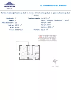 3 pokoje, mieszkanie 45,10 m², piętro 1, oferta nr 21, ul. Powstańców / os. Piastów - Budynek C, Kraków, Mistrzejowice, Osiedle Piastów, ul. Powstańców / os. Piastów 75