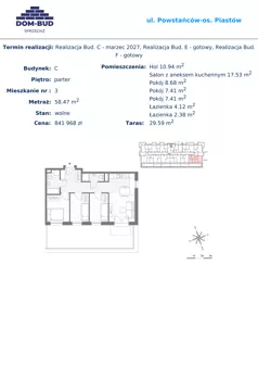 4 pokoje, mieszkanie 58,47 m², parter, oferta nr 3, ul. Powstańców / os. Piastów - Budynek C, Kraków, Mistrzejowice, Osiedle Piastów, ul. Powstańców / os. Piastów 75