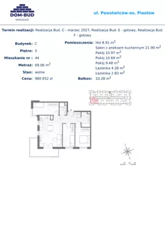 4 pokoje, mieszkanie 69,06 m², piętro 3, oferta nr 44, ul. Powstańców / os. Piastów - Budynek C, Kraków, Mistrzejowice, Osiedle Piastów, ul. Powstańców / os. Piastów 75