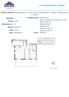 4 pokoje, mieszkanie 68,62 m², parter, oferta nr 8, ul. Powstańców / os. Piastów - Budynek C, Kraków, Mistrzejowice, Osiedle Piastów, ul. Powstańców / os. Piastów 75