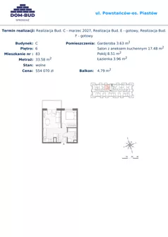 2 pokoje, mieszkanie 33,58 m², piętro 6, oferta nr 83, ul. Powstańców / os. Piastów - Budynek C, Kraków, Mistrzejowice, Osiedle Piastów, ul. Powstańców / os. Piastów 75