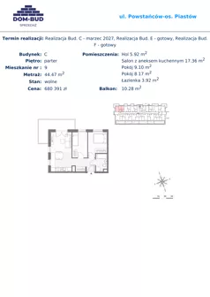 3 pokoje, mieszkanie 44,47 m², parter, oferta nr 9, ul. Powstańców / os. Piastów - Budynek C, Kraków, Mistrzejowice, Osiedle Piastów, ul. Powstańców / os. Piastów 75