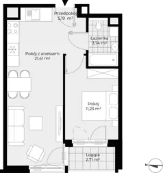 2 pokoje, mieszkanie 41,57 m², piętro 2, oferta nr F1-22, Piasta Park VII, Kraków, Mistrzejowice, Osiedle Piastów, Osiedle Piastów 63