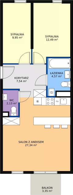 3 pokoje, mieszkanie 64,02 m², piętro 2, oferta nr B2.12, Enklawa Bukowa II, Kraków, Podgórze, Rybitwy, ul. Bukowa 65 i 69