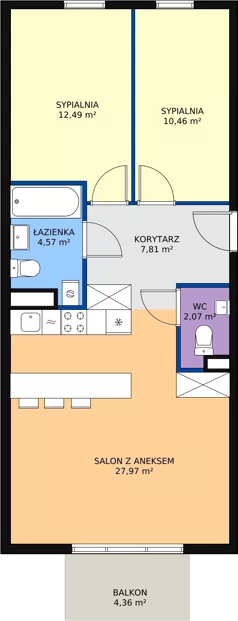 3 pokoje, mieszkanie 65,37 m², piętro 1, oferta nr B1.9, Enklawa Bukowa II, Kraków, Podgórze, Rybitwy, ul. Bukowa 65 i 69