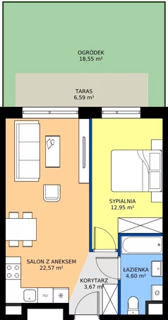 2 pokoje, mieszkanie 43,79 m², parter, oferta nr B11-M14, Krzemienna, Katowice, Osiedle Paderewskiego-Muchowiec, Muchowiec, ul. Krzemienna
