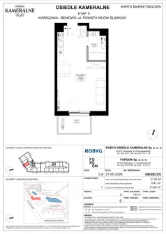 1 pokój, mieszkanie 31,22 m², piętro 3, oferta nr OK5/E/3/5, Osiedle Kameralne 3/5, Warszawa, Bemowo, Jelonki Południowe, ul. Powstańców Śląskich / Połczyńska