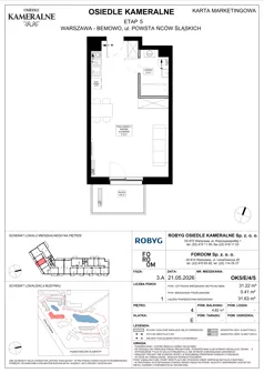 1 pokój, mieszkanie 31,22 m², piętro 4, oferta nr OK5/E/4/5, Osiedle Kameralne 3/5, Warszawa, Bemowo, Jelonki Południowe, ul. Powstańców Śląskich / Połczyńska