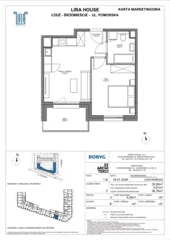 2 pokoje, mieszkanie 35,95 m², piętro 2, oferta nr LH/LHA/B/2/2, Lira House, Łódź, Śródmieście, ul. Pomorska