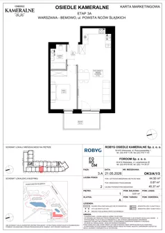 2 pokoje, mieszkanie 44,50 m², piętro 1, oferta nr OK3/A/1/3, Osiedle Kameralne 3/5, Warszawa, Bemowo, Jelonki Południowe, ul. Powstańców Śląskich / Połczyńska