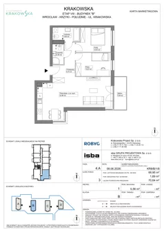 3 pokoje, mieszkanie 68,97 m², piętro 1, oferta nr KR8/B/1/8, Apartamenty Krakowska 8, Wrocław, Przedmieście Oławskie, Krzyki, ul. Krakowska