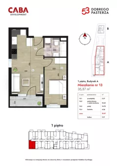 2 pokoje, mieszkanie 35,87 m², piętro 1, oferta nr 13, Dobrego Pasterza 53, Kraków, Prądnik Czerwony, Dobrego Pasterza 53