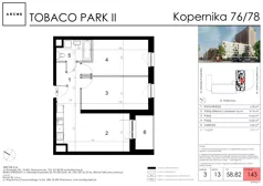 3 pokoje, mieszkanie 58,73 m², piętro 13, oferta nr 143, Tobaco Park II, Łódź, Polesie, Stare Polesie, ul. Mikołaja Kopernika