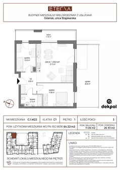 3 pokoje, mieszkanie 64,64 m², piętro 3, oferta nr C.3.M23, ETERNA, Gdańsk, Śródmieście, ul. Stępkarska