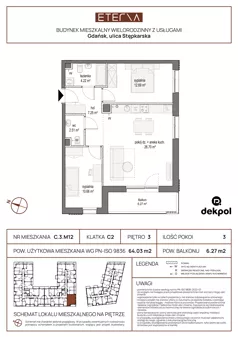 3 pokoje, mieszkanie 64,03 m², piętro 3, oferta nr C.3.M12, ETERNA, Gdańsk, Śródmieście, ul. Stępkarska