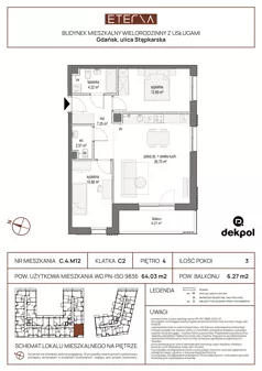3 pokoje, mieszkanie 64,03 m², piętro 4, oferta nr C.4.M12, ETERNA, Gdańsk, Śródmieście, ul. Stępkarska