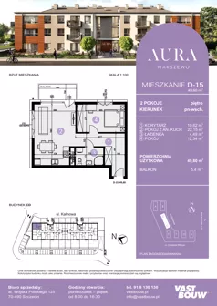 2 pokoje, mieszkanie 49,60 m², piętro 1, oferta nr D-15, AURA WARSZEWO ETAP 2, Szczecin, Północ, Warszewo, ul. Kalinowa