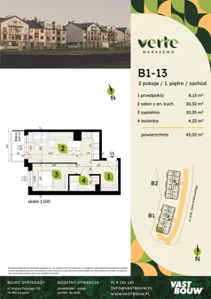 2 pokoje, mieszkanie 43,02 m², piętro 1, oferta nr B1-13, Verte Warszewo, Szczecin, Północ, Warszewo, ul. Królewskiego