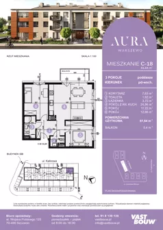 3 pokoje, mieszkanie 61,64 m², piętro 2, oferta nr C-18, AURA WARSZEWO ETAP 2, Szczecin, Północ, Warszewo, ul. Kalinowa