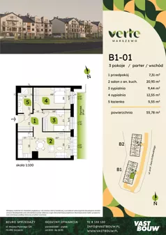 3 pokoje, mieszkanie 55,78 m², parter, oferta nr B1-01, Verte Warszewo, Szczecin, Północ, Warszewo, ul. Królewskiego