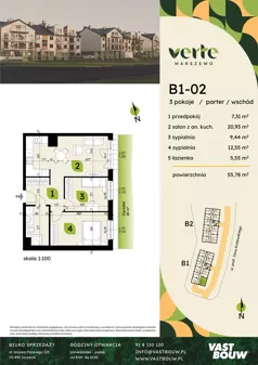 3 pokoje, mieszkanie 55,78 m², parter, oferta nr B1-02, Verte Warszewo, Szczecin, Północ, Warszewo, ul. Królewskiego