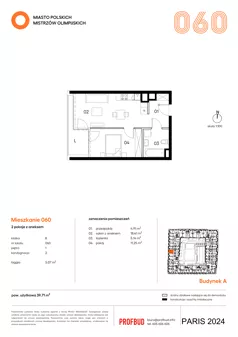 2 pokoje, mieszkanie 39,71 m², piętro 1, oferta nr 060, Miasto Polskich Mistrzów Olimpijskich II - Paryż, Mysiadło, ul. Olimpijska