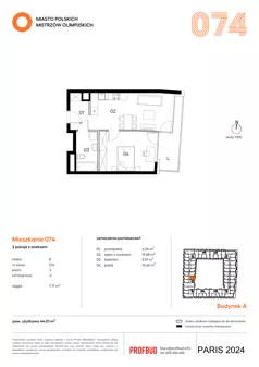 2 pokoje, mieszkanie 44,01 m², piętro 3, oferta nr 074, Miasto Polskich Mistrzów Olimpijskich II - Paryż, Mysiadło, ul. Olimpijska