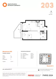2 pokoje, mieszkanie 55,71 m², piętro 1, oferta nr 203, Miasto Polskich Mistrzów Olimpijskich II - Paryż, Mysiadło, ul. Olimpijska