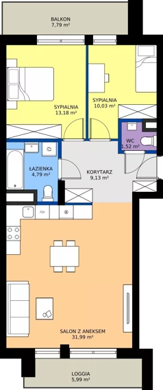 3 pokoje, mieszkanie 70,64 m², piętro 2, oferta nr 269, Miasto Polskich Mistrzów Olimpijskich II - Paryż, Mysiadło, ul. Olimpijska