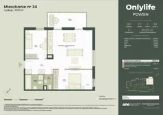 3 pokoje, mieszkanie 59,05 m², piętro 2, oferta nr B8/34, Apartamenty Onlylife, Warszawa, Wilanów, Powsin, ul. Łukasza Drewny/Potułkały