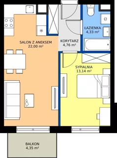 2 pokoje, mieszkanie 44,23 m², piętro 1, oferta nr 1/40, Osiedle Prystora II, Warszawa, Ursus, Skorosze, ul. Aleksandra Prystora 2