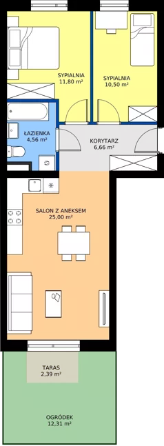 3 pokoje, mieszkanie 58,52 m², piętro 1, oferta nr A1/1/6, Osiedle Lissa, Wrocław, Leśnica, ul. Eluarda 61-73
